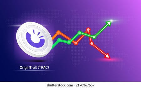 OriginTrail coin white. Cryptocurrency token symbol with stock market investment trading graph green and red. Economic trends business concept. 3D Vector illustration.