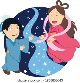 Orihime and Hikoboshi of Tanabata Festival. the day once a year to date, Altair and Vega above the colorful Milky Way.
