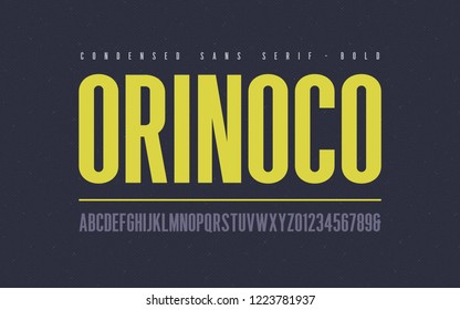 Orinoko Condensed Bold San Serif Vector Font, Alphabet, Typeface, Uppercase Letters And Numbers. 