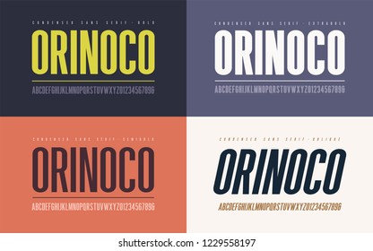 Orinoko condensed bold, semibold, extrabold and oblique san serif vector font, alphabet, typeface, uppercase letters and numbers.