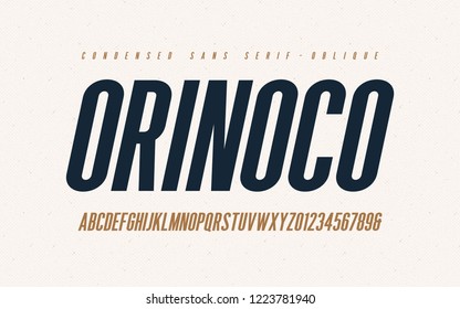 Orinoko condensed oblique san serif vector font, alphabet, typeface, uppercase letters and numbers.