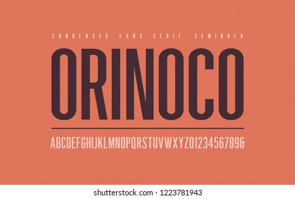 Orinoko condensed semibold san serif vector font, alphabet, typeface, uppercase letters and numbers.