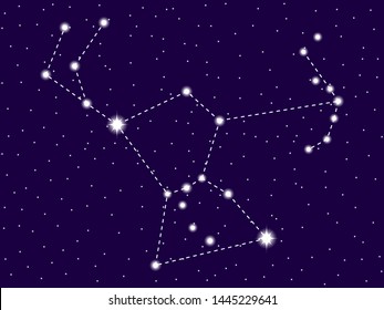 Orion constellation. Starry night sky. Cluster of stars and galaxies. Deep space. Vector illustration