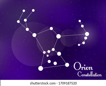 Orion constellation. Starry night sky. Cluster of stars, galaxy. Deep space. Vector illustration