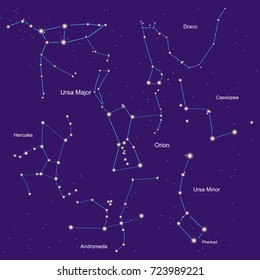 orion, heracle, small and large bear, andromeda, cassiopeia, dragon constellation. set vector illustration