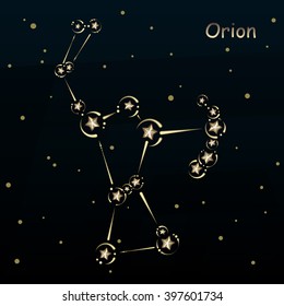 Orion on a dark blue background, surrounded by stars. Constellation connected lines and decor.