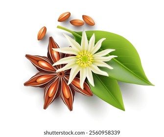 Orion Star Anise. Organic natural seasoning spice with flower, seeds and green leaves. Aomatic ingredient for glint wine drink preparing cooking. Realistic. Vector illustration.