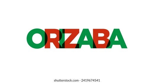 Emblema de Orizaba en México para imprimir y web. El diseño presenta estilo geométrico, ilustración vectorial con tipografía audaz en fuente moderna. Letras gráficas de eslóganes aisladas en fondo blanco.