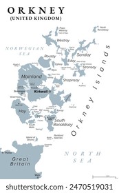 Orcadas o islas Orcadas, mapa político gris. Archipiélago de unas 70 islas en las Islas del Norte de Escocia, situado frente a la costa de la isla de Gran Bretaña, con el continente como la isla más Grande.