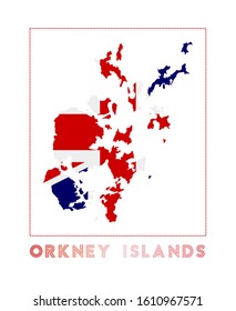 Orkney Islands Logo. Map of Orkney Islands with island name and flag. Powerful vector illustration.