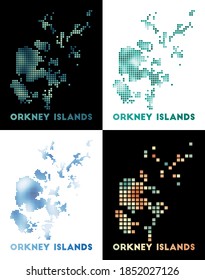 Orkney Islands Karte. Sammlung von Karte der Orkney-Inseln im gepunkteten Stil. Grenzen der Insel gefüllt mit Rechtecken für Ihr Design. Vektorgrafik.