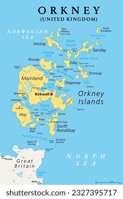 Orkney, or also Orkney Islands, political map. Archipelago of about 70 islands in the Northern Isles of Scotland, situated off the coast of the island of Great Britain, with Mainland as largest island