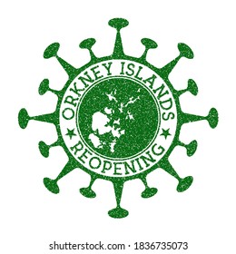 Orkney Islands Reopening Stamp. Green round badge of island with map of Orkney Islands. Island opening after lockdown. Vector illustration.
