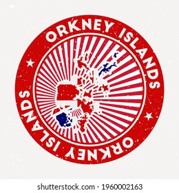 Orkney Islands round stamp. Logo of island with flag. Vintage badge with circular text and stars, vector illustration.
