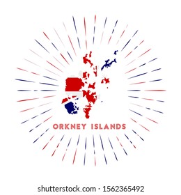 Orkney Islands sunburst badge. The island sign with map of Orkney Islands with British flag. Colorful rays around the logo. Vector illustration.