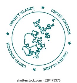 Orkney Islands vector map. Retro vintage insignia with island map. Distressed travel stamp with Orkney Islands text wrapped around a circle and stars. Orkney Islands map vector illustration.