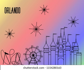 Orlando Attractions black line on rainbow colorful background. Roller Coaster, Big Wheel, Castle and fireworks.
