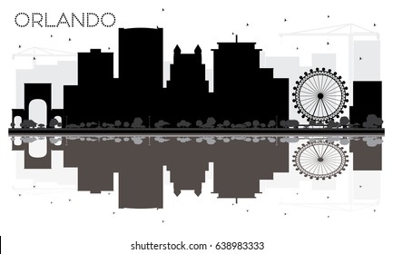 Orlando City skyline black and white silhouette with reflections. Vector illustration. Simple flat concept for tourism presentation, banner, placard or web site. Cityscape with landmarks.