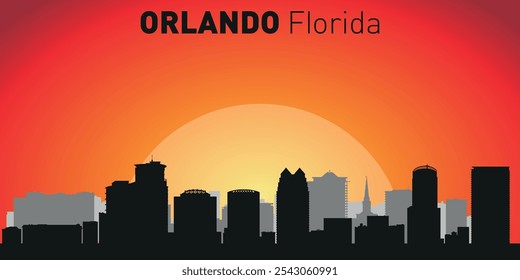 Horizonte de la ciudad de Orlando con siluetas de edificios con el telón de fondo de un Grande sol amarillo y cielo naranja. Vector en el fondo de la puesta del sol