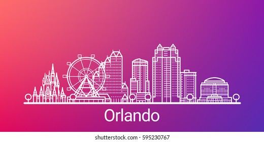 Orlando city white line on colorful background. All Orlando buildings - customizable objects with opacity mask, so you can simple change composition and background. Line art.