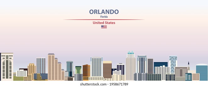 Orlando cityscape on sunset sky background vector illustration with country and city name and with flag of United States