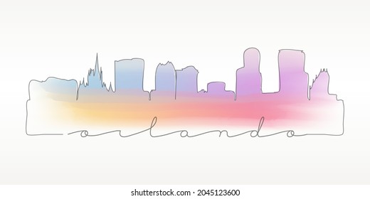 Ilustración de Orlando, FL, USA Skyline Watercolor City. Edificios Famosos Silueta Con La Mano Dibuja Un Dibujo De Dibujo De Dibujo De Dibujo De Dibujos De Dibujo De Un Vector.