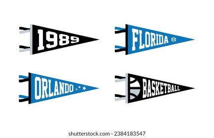 Orlando, Florida basketball Pennant Flags Set. Vector Football pendant Icons. University USA Sport flag, isolated