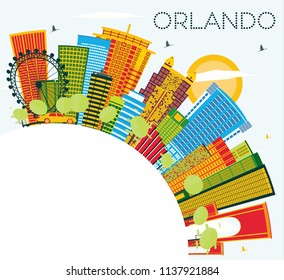 Orlando Florida City Skyline with Color Buildings, Blue Sky and Copy Space. Vector Illustration. Business Travel and Tourism Concept with Modern Architecture. Orlando Cityscape with Landmarks.