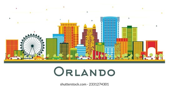 Orlando Florida City Skyline con Edificios de colores aislados en blanco. Ilustración vectorial. Concepto de viajes de negocios y turismo con arquitectura moderna. El paisaje de Orlando con monumentos.