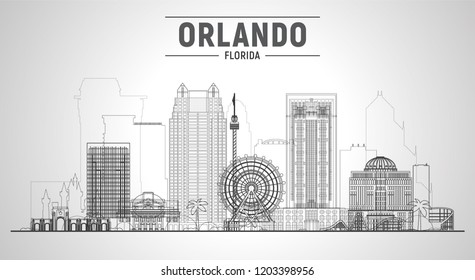 Orlando ( Florida ) line skyline with panorama on white background. Vector Illustration. Business travel and tourism concept with modern buildings. Image for presentation, banner, web site.