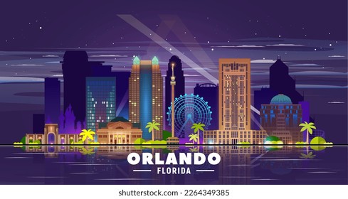 El horizonte nocturno de Orlando (Florida). Ilustración vectorial. Concepto de viajes de negocios y turismo con edificios modernos. Imagen para presentación, banner y sitio web.