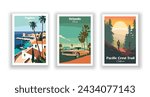 Orlando, Florida. Paphos, Cyprus. Pacific Crest Trail, California - Set of 3 Vintage Travel Posters. Vector illustration. High Quality Prints