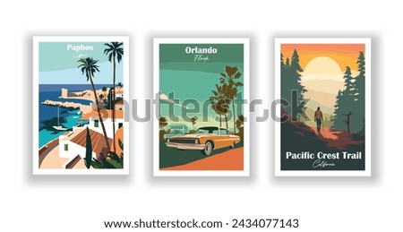 Orlando, Florida. Paphos, Cyprus. Pacific Crest Trail, California - Set of 3 Vintage Travel Posters. Vector illustration. High Quality Prints