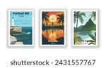 Orlando, Florida. Portland Bill, England. Saint Lucia, Caribbean - Set of 3 Vintage Travel Posters. Vector illustration. High Quality Prints