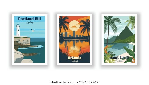 Orlando, Florida. Portland Bill, England. Saint Lucia, Caribbean - Set of 3 Vintage Travel Posters. Vector illustration. High Quality Prints