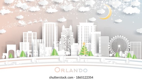 Orlando Florida USA City Skyline In Paper Cut Style With Snowflakes, Moon And Neon Garland. Vector Illustration. Christmas And New Year Concept. Santa Claus On Sleigh.