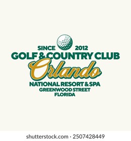 Orlando golf and country club logo. Vintage print for t-shirt. Trendy Hipster design. Vector illustration