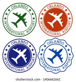 Orlando International Airport. Orlando airport logo. Flat stamps in material color palette. Vector illustration.