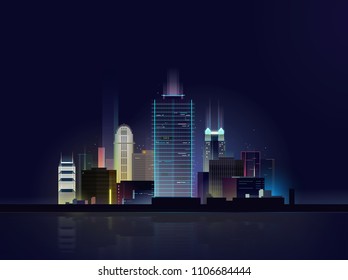 Orlando Night Skyline with Gradient Landscape Silhouette, Buildings and Dark Night Sky. Editable Vector Illustration. Business, Travel, Tourism, Modern Architecture. Image for Banner, Web Site, Prints