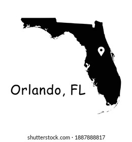 Orlando on Florida State Map. Detailed FL State Map with Location Pin on Orlando City. Black silhouette vector map isolated on white background.