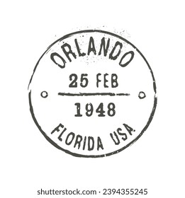 Orlando postage and postal stamp. Postal envelope USA town ink stamp, postage departure country or region grunge vector seal or postcard United States of America Florida Orlando city mark