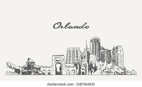 Orlando skyline, Florida, USA, hand drawn vector illustration, sketch