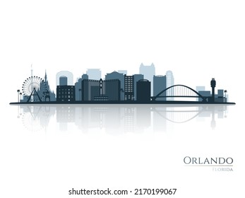 Silueta de perfil de Orlando con reflexión. Paisaje Orlando, Florida. Ilustración vectorial.