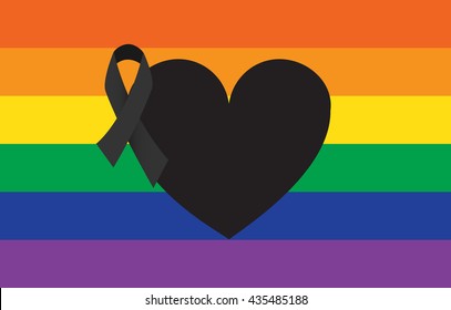 Orlando tragedy. Black ribbon and heart on gay symbol background. Pray for the victims.