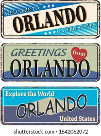 Orlando Vintage tin sign collection with USA city name. Retro souvenir sign or postcard templates on old metal background. Traveling theme.