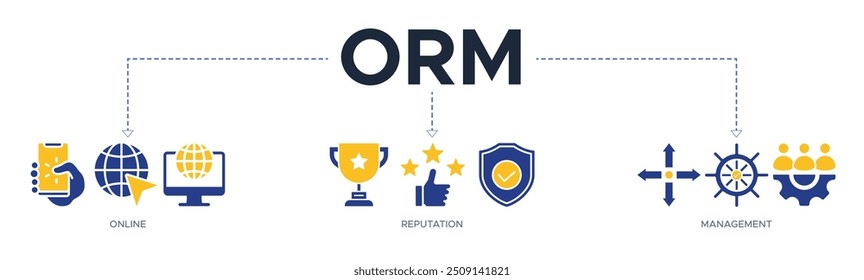 ORM banner web icon vector illustration concept for online reputation management with icons of internet, browser, winner, trust, favorite, and business