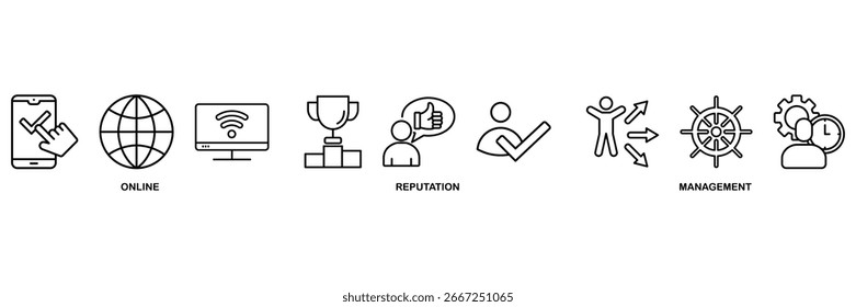 ORM banner web icon vetor ilustração conceito para gerenciamento de reputação online com ícone de internet, navegador, vencedor, confiança, favorito e negócio