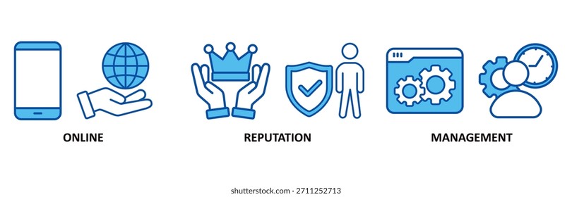 ORM icon set In Blue Style vector illustration for online reputation management with icon of internet, browser, winner, trust, favorite, and business