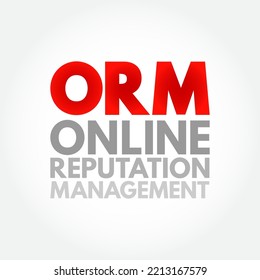 ORM Online Reputation Management - practice of attempting to shape public perception of a person or organization by influencing information about that entity, acronym text concept background