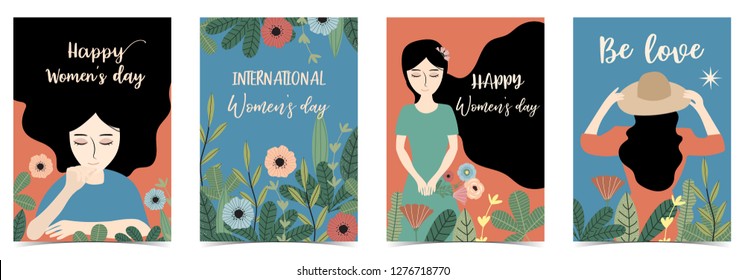 Ornage blue International Happy Women's Day with women,flower and leaf - Shutterstock ID 1276718770